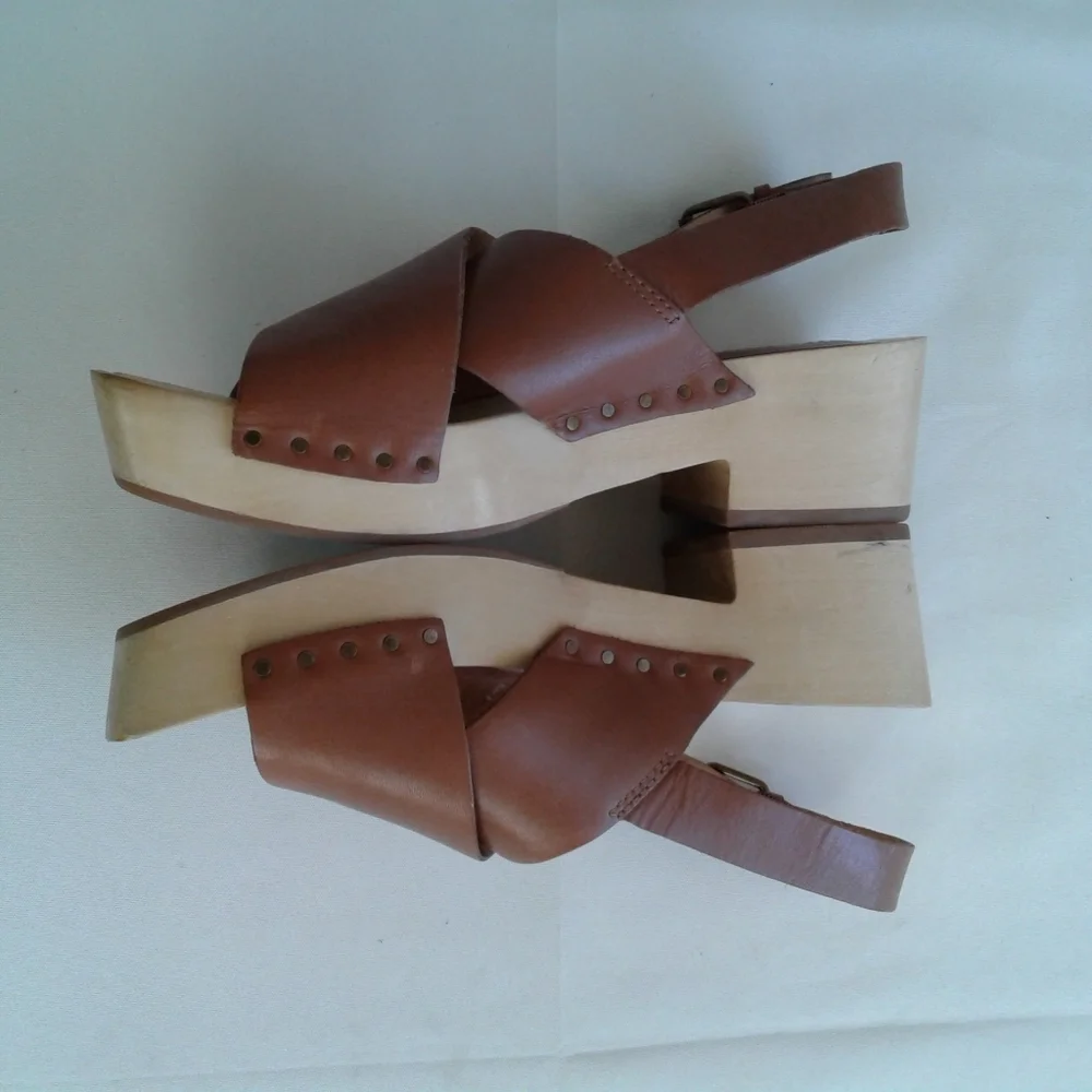 Madewell Brown Leather Wood Platform Slingback Sandals Size 6 MC706